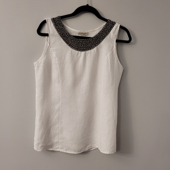 Italian Linen Tank Top Sz Lg Beaded Neck Soft Cotton Side Panels - Picture 7 of 8